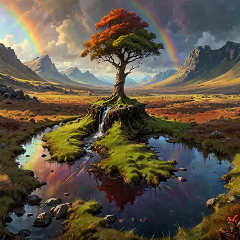 painting of a tree in a field with a rainbow in the background