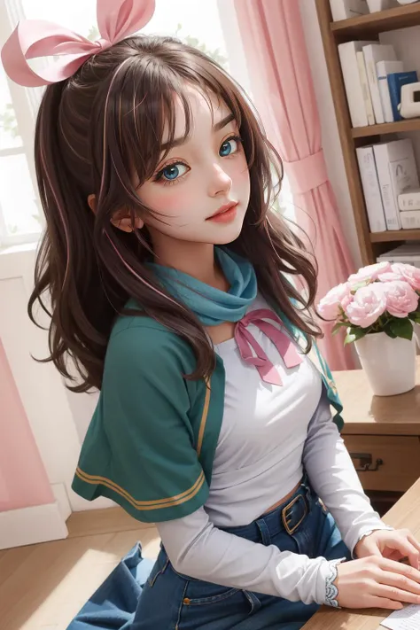 (masterpiece, best quality),  intricate details,
1girl,   <lyco:KitsuneAi-KizunaAi-LoCon32V1:0.8> long hair, brown hair, pink ribbon, blue eyes, 
 <lora:KonosubaCostumePackV1_5:0.8> chroutfit,