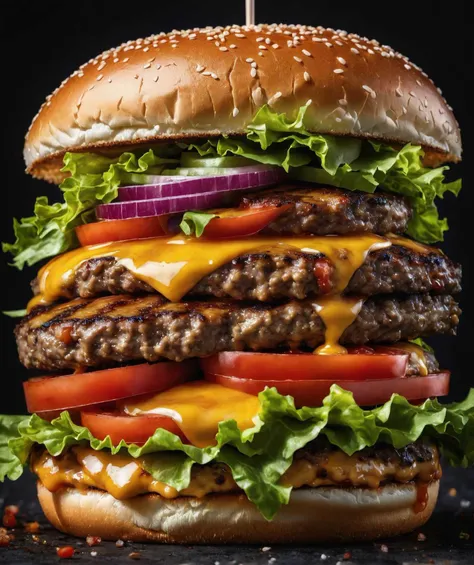 a close up of a large hamburger with cheese and lettuce