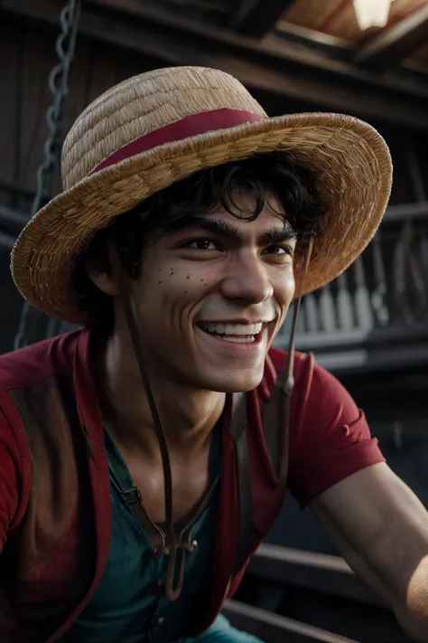 inakigodoy, luffy, a man wearing a straw hat on a pirate ship, smiling, laughing, wearing a red shirt <lora:inakigodoy:1>