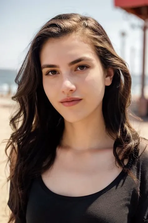 alexbotez, raw photograph, portrait, upper body, a woman wearing a plain black oversized tshirt, santa monica pier, glowing hair, sharp lighting, front, <lora:alexbotez_v1_sd1.5_andyxn:0.50>