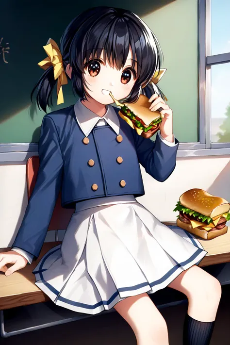 anime girl eating a sandwich and drinking a soda while sitting on a bench