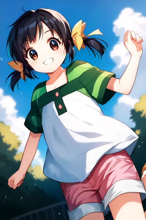 anime girl with ponytails and a green shirt running with a tennis racket