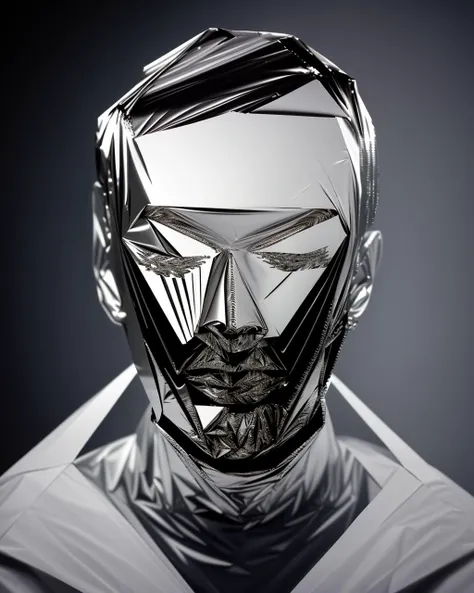 a silver statue with a face made of shiny foil and a face covered in a piece of plastic , glitch art