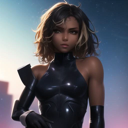 masterpiece, exreme quality, cg, young girl, thighhighs, topless, bare chest, extremely detailed face, big head, toned body, dark skin, tomboy, (short messy black hair with blonde highlights), oily shiny skin, bokeh, digital concept painting