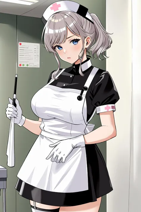 ((masterpiece, best quality, high quality)),1girl, (hospital), <lora:infirmary_v0.1:0.5> infirmary,   <lora:Latex Nurse Apron V2:0.6> (latex_nurse_v2, nurse, nurse cap, apron, gloves,shiny dress),