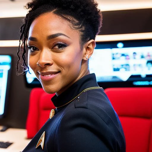 masteripiece photography, beautiful black girl (sonqua-2000),  in star trek suite,  short hairs, winks at the camera, sittin in commander chair insane details, intricate details, hyperdetailed, complex sci-fi background (internal control room of enterprise...