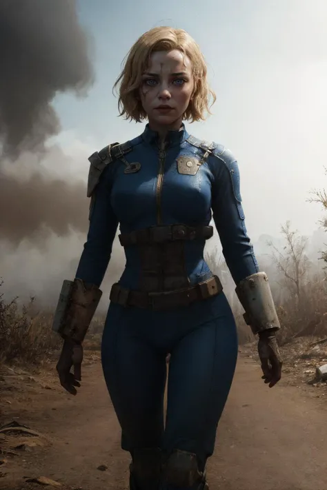 post-apocalypse, fog, (best quality, masterpiece, bokeh, highres), <lora:vaultsuit:0.4>, fallout 4, 1girl, blue vaultsuit, VaultGirl, blonde hair, narrowed eyes, short hair, without pipboy3000, leather armored, walking, closed mouth, lake, radiation symbol...