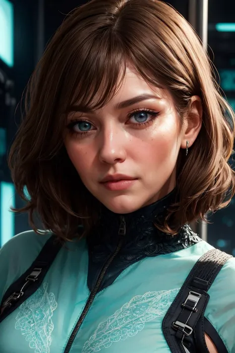 1girl, light brown hair, aqua eyes, bags under eyes, swept bangs, wavy hair, thick lips, science fiction, cyberpunk, 
 ((intricate detail)), complex illustration, high contrast, intricate background detail, masterpiece, best quality  <lora:filmgrain_slider...