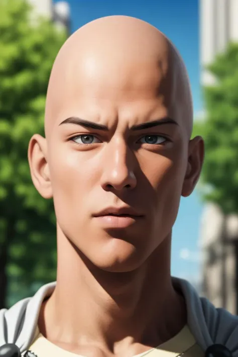 a close up of a bald man with a hoodie on