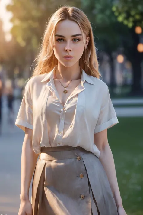 a photo of a stunning S081_AleciaFox, in a (park:1.1), wearing a linen-shirt and skirt, (sunset), (sfw:1.4), (8k, RAW photo, best quality, DOF, ultra high res:1.2), (absurdres, intricate, photorealistic, masterpiece, ultra-detailed, Unreal Engine:1.3)