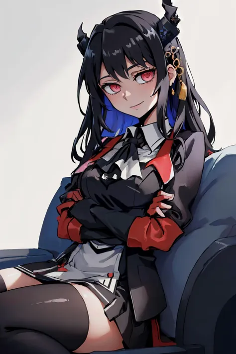 anime girl sitting on a couch with her arms crossed