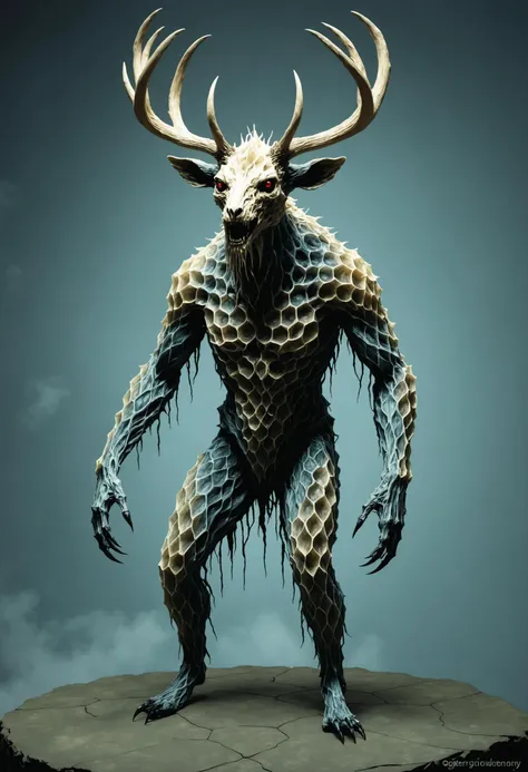 Wendigo, Fantastical creature made of honeycombs, ethereal being, surreal sketch, reminiscent of Hieronymus Bosch