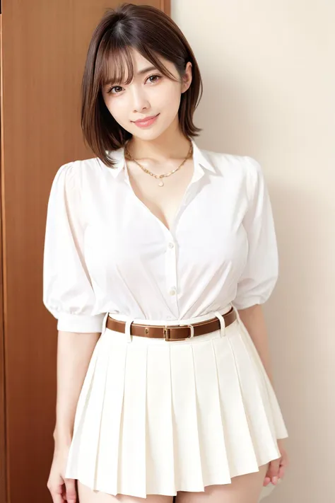 a woman in a white shirt and skirt posing for a picture