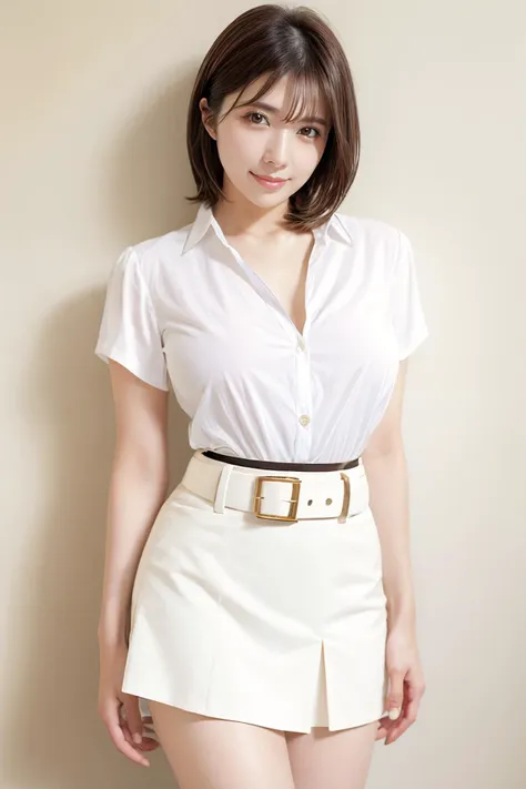 a woman in a white shirt and white skirt posing for a picture