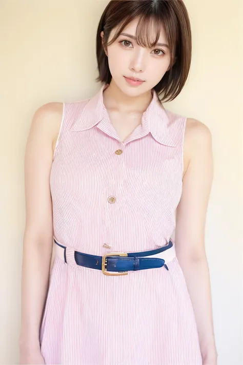 a woman in a pink dress and blue belt posing for a picture