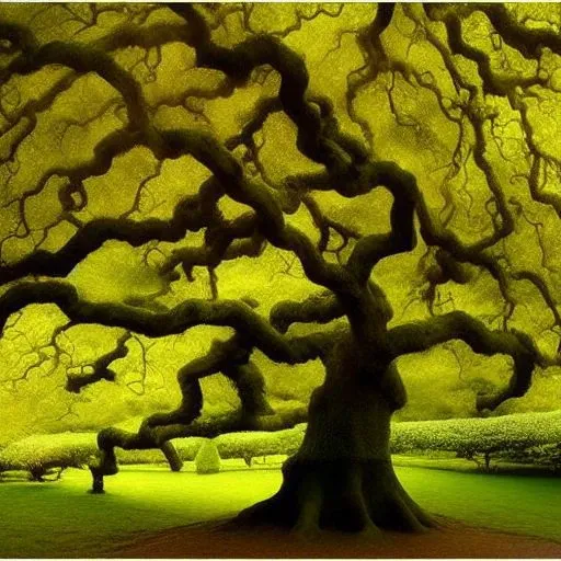 arafed tree with green leaves in a park with benches