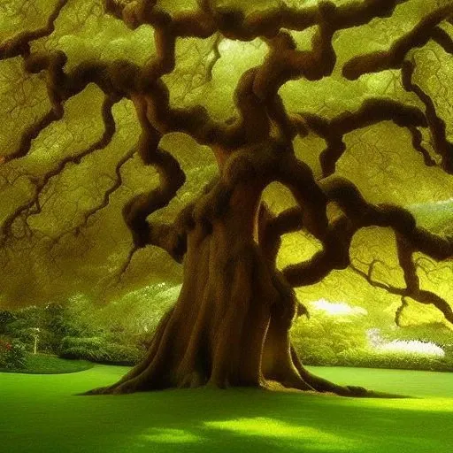 a close up of a tree with a green field and a bench