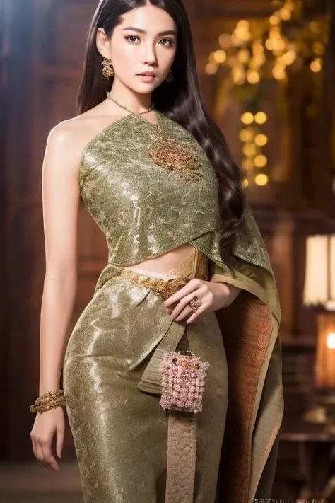 (RAW photo:1.2), (photorealistic:1.4),(masterpiece:1.3),(best quality:1.4),ultra high res,(detailed eyes),(detailed facial features),(detailed clothes features),HDR,8k resolution, solo focus,thai tradition dress,tradition shawl ,golden jewelry,1 girl ,faci...