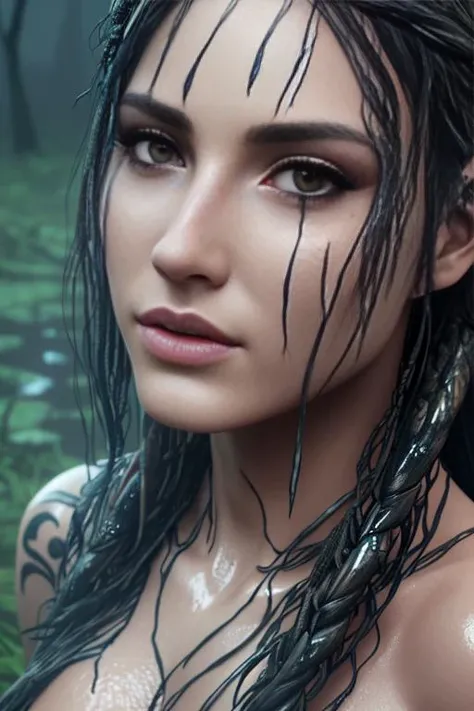 PelageaASMR <lora:PelageaASMR:0.9> outside in the rain, soaking wet, dank swamp, with tribal tattoos, (detailed facial features:1.15), Unreal Engine 5, 8K, HQ, HDR, amazing detail, intricate details, shallow depth of field, reflections, art by artgerm and ...