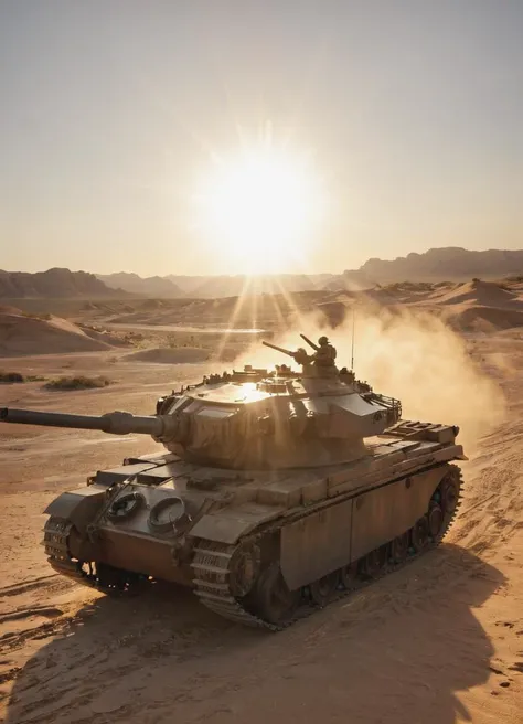 arafed tank in the desert with sun shining through the clouds