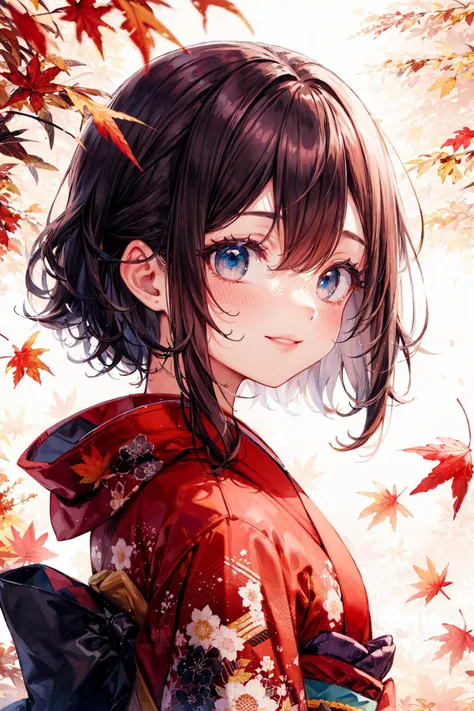 absurdres, highres, watercolor, 1girl, solo, cowboy shot, from front, cute illustration, portrait,
gradation eyes, black medium hair, blue eyes, (red kimono:1.5), smile,
(autumn leaves:1.2), beautiful glow,