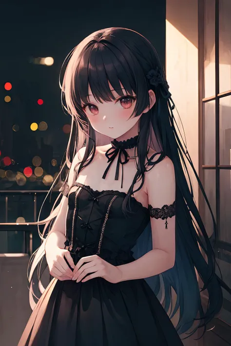 anime girl in black dress standing on balcony with city lights in background