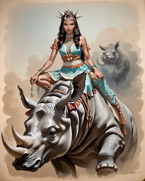 Conte Drawing of a pleasant Lais Ribeiro riding a Rhinoceros, Meditating, Smoky Conditions, soft focus, Pastel Colors, Flickr, <lora:Tawenza-v1:0.8> beautiful, traditional, headdress