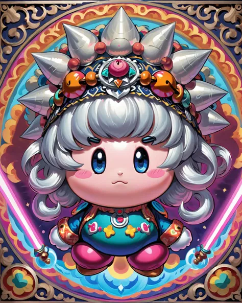 concept art, Fearful, beautiful midweight Kirby, Kirby has Silver hair styled as Afro, Vaporwave, <lora:Moroccan_Headdress_Ait_Baamrane:0.8> beautiful, traditional, headdress