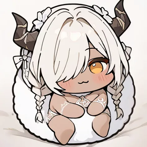 best quality,masterpiece,intricate details,hyperdetailed,incredibly absurdres,
solo,doro,full body,inside a snowball,creature,:3,chibi,twin braids,hair over one eye,yellow eyes,horns,no humans,dark skin,four legs,solid circle eyes,no pupils,seductive smile...