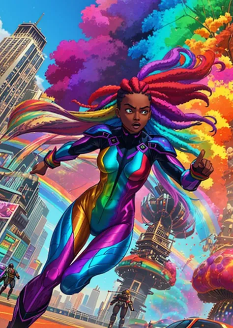 full shot, action pose, dynamic perspective, thin dark skinned woman, rainbow dreadlocks, iridescent rainbow body suit with snakeskin pattern, fighting robots, new york city streets in background, colorful explosions, terrified crowds, supervillain, evil e...