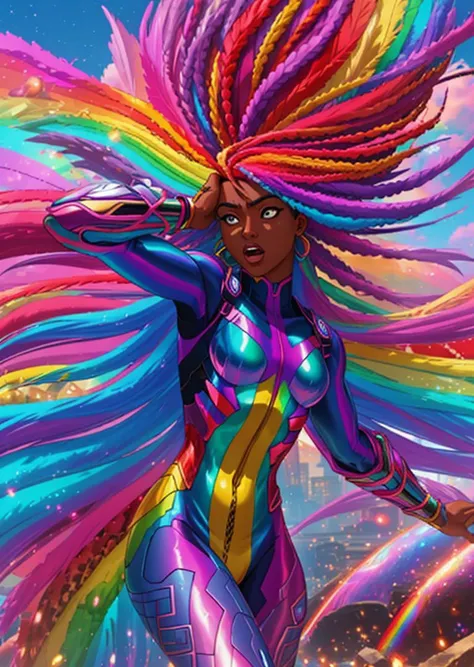 full shot, action pose, dynamic perspective, thin dark skinned woman, rainbow dreadlocks, iridescent rainbow body suit with snakeskin pattern, blasting colorful beams from hands, new york city streets in background, colorful explosions, terrified crowds, s...