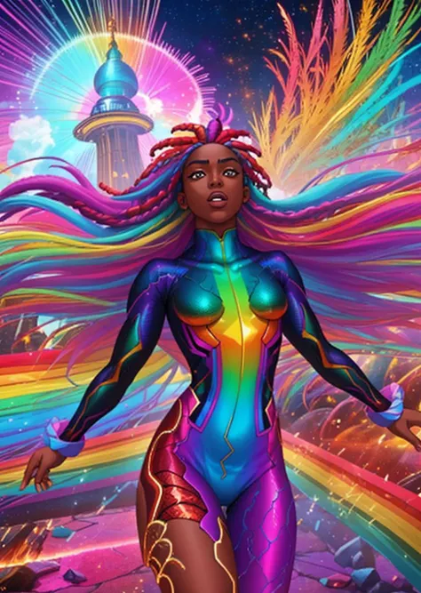 full shot, action pose, dynamic perspective, thin dark skinned woman, rainbow dreadlocks, iridescent rainbow body suit with snakeskin pattern, blasting colorful beams from hands, new york city streets in background, colorful explosions, terrified crowds, s...