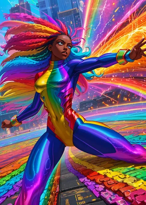 full shot, action pose, dynamic perspective, thin dark skinned woman, rainbow dreadlocks, iridescent rainbow body suit with snakeskin pattern, blasting colorful beams from hands, new york city streets in background, colorful explosions, terrified crowds, s...