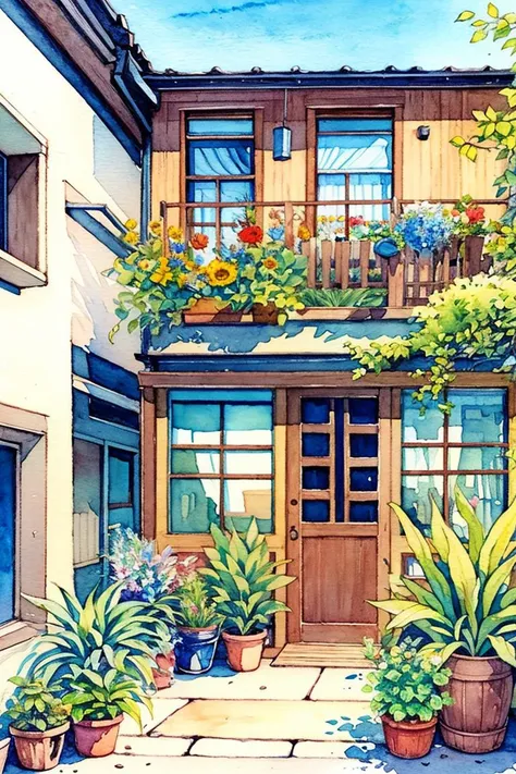 Flower store, coffee spot, tables, chairs, no one, windows, flowers, plants, potted plants, watercolor (medium), landscapes, doors, air conditioning, paintings (medium), traditional media, houses, outdoors, balconies, architecture, <lora:Pastel color_20230...