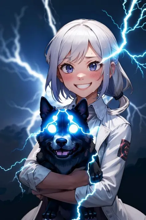 a woman holding a dog with lightning in her hands