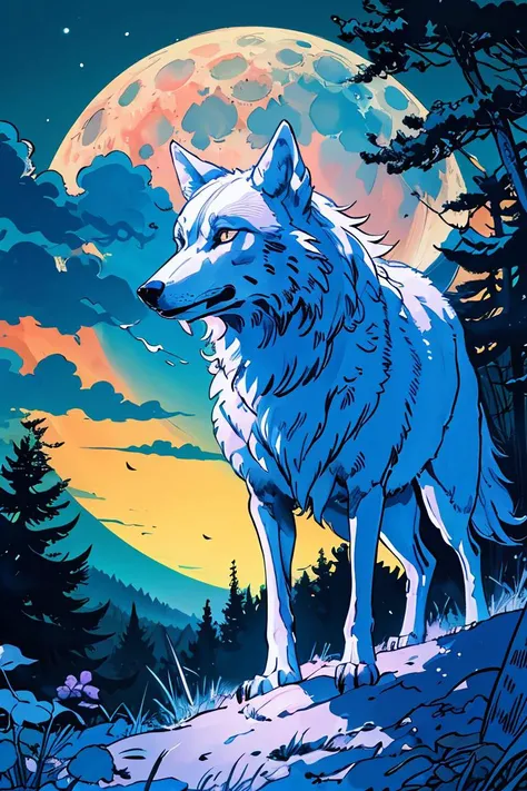 masterpiece, high quality, a wolf, in the forest, night, moon<lora:J_pastel_color:0.9> j_pastel_color