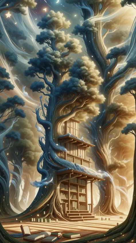 <lora:ElementWind:1.0> ElementWind Realistic digital painting of a cozy library nestled in the hollowed-out trunk of a giant tree, warm interior lighting, wooden bookshelves filled with books, a ladder leading to a loft, a samurai in traditional armor sitt...