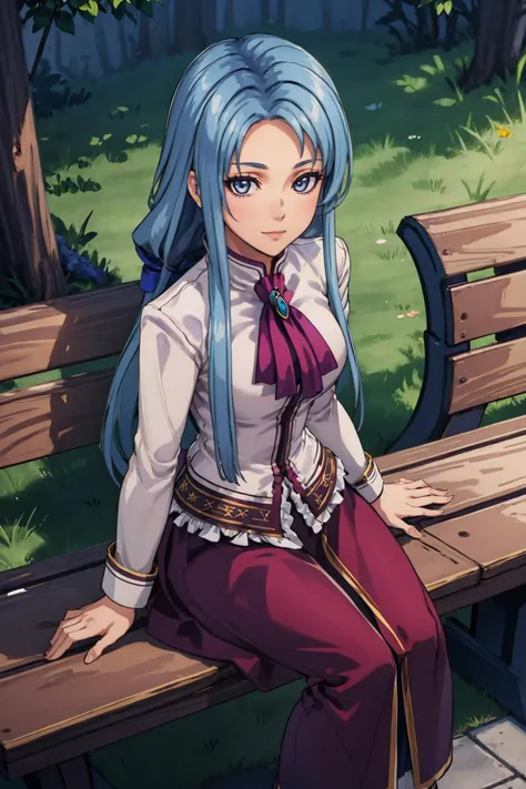 masterpiece, best quality, <lora:Aurier-10:1>, Aurier Vander, long hair, blue hair, lavender eyes, medium breasts, white shirt, purple skirt, long skirt, sitting, from above, slight smile, bench, park, looking at viewer