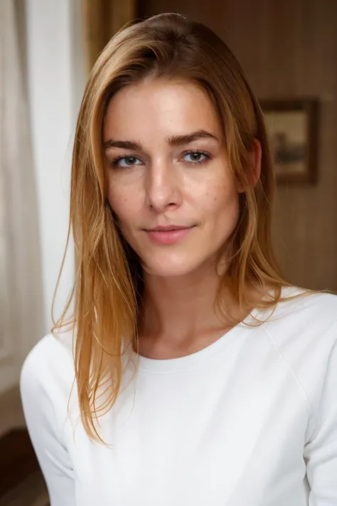 a close up of a woman with long hair and a white shirt