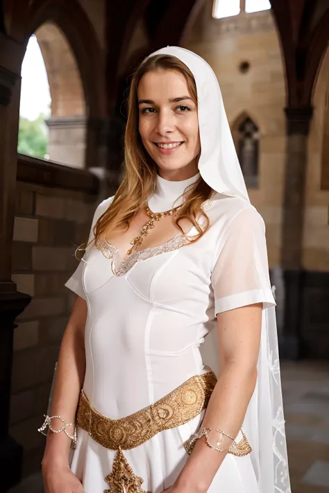 a woman in a white dress and veil posing for a picture