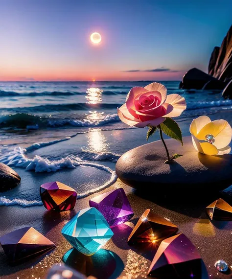 waning moon. flowers roses, stones transparent and diamond crystal in water, on the beach, fantasy, smoke , photo, HD, 8K ,