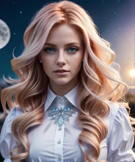 hair red gradient blonde, night sky, detailed face, face focus, shiny skin, game cg, nigh sky, moonlight, moon, white gloves, polish dress shirt glitter glass, Intricate Surface Detail, Crystal Core , Ethereal Fantasy, Realistic, Fiction, Full-HD, 8K Photo...