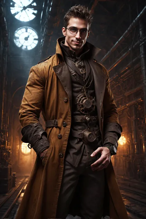 a man in a trench coat standing in a dark room