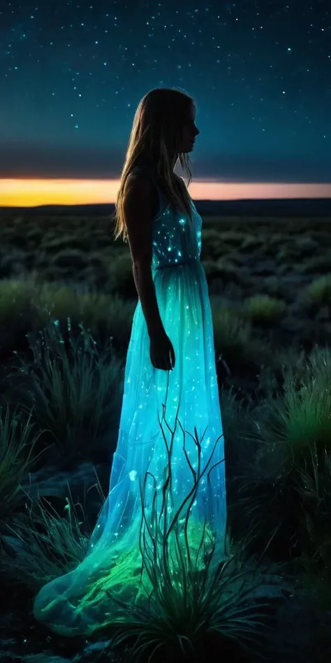 a woman standing in a field with a glowing dress