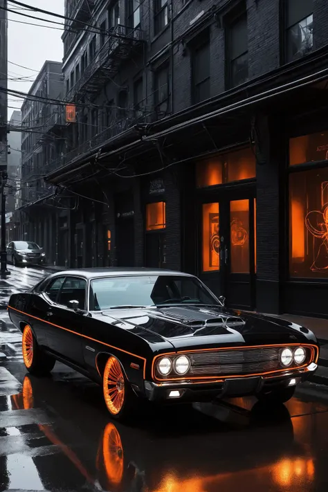 arafed black car with orange rims parked on a city street