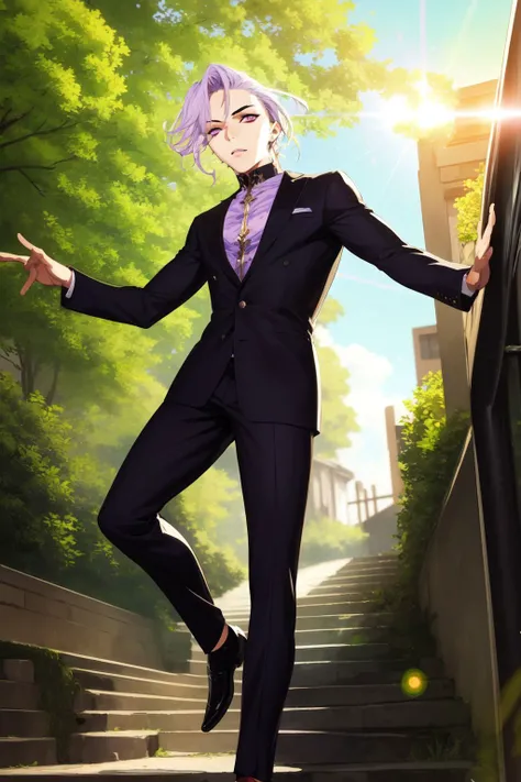 full body, solo, 1boy, male focus, whiskers, light purple hair, purple eyes, suit, beautiful detailed face, lens flare, outdoors, <lora:pako_(pakosun)_style_v01:1>