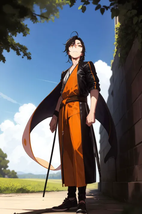 full body, solo, 1boy, male focus, :>, black hair, orange eyes, windcheater, beautiful detailed face, backlighting, outdoors, <lora:pako_(pakosun)_style_v01:1>