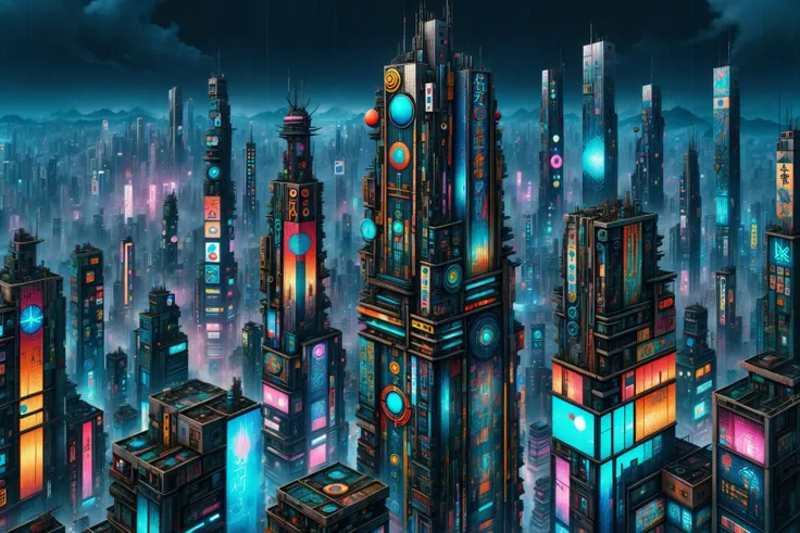 futuristic city at night with a clock tower and neon lights