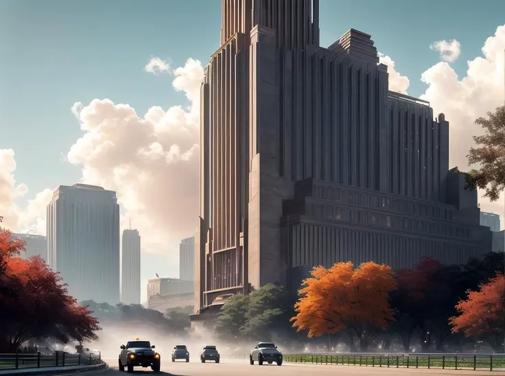 cars driving down a road in front of a tall building